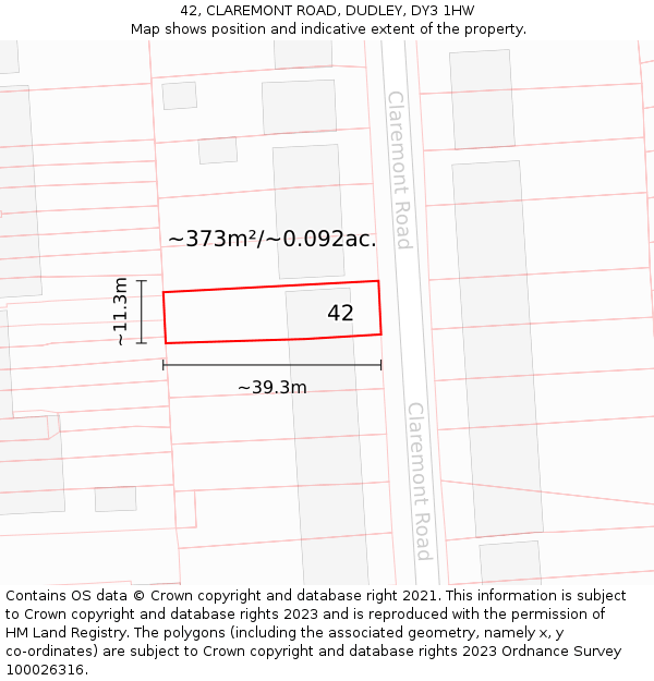 42, CLAREMONT ROAD, DUDLEY, DY3 1HW: Plot and title map