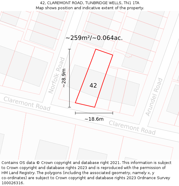 42, CLAREMONT ROAD, TUNBRIDGE WELLS, TN1 1TA: Plot and title map