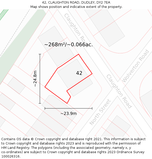 42, CLAUGHTON ROAD, DUDLEY, DY2 7EA: Plot and title map