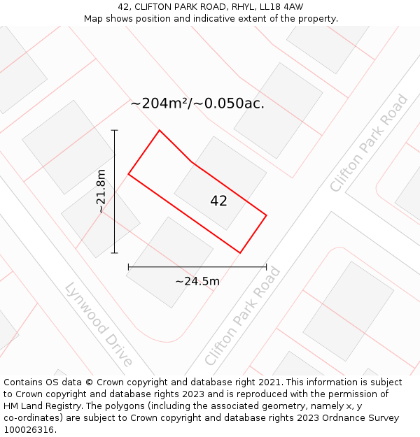 42, CLIFTON PARK ROAD, RHYL, LL18 4AW: Plot and title map