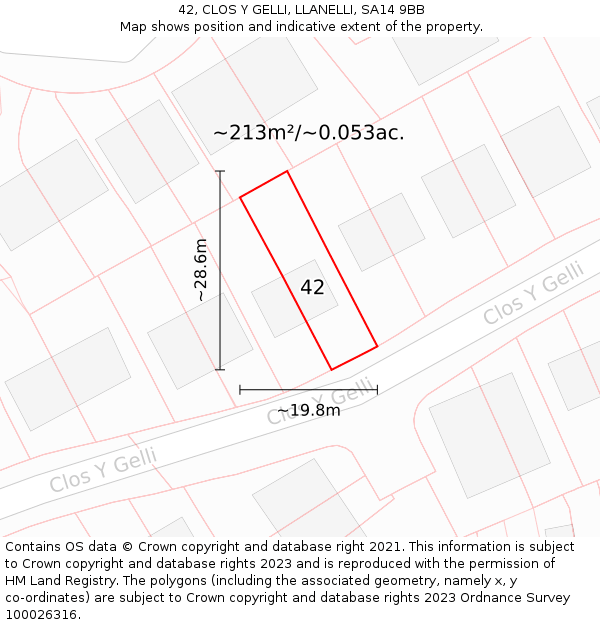 42, CLOS Y GELLI, LLANELLI, SA14 9BB: Plot and title map