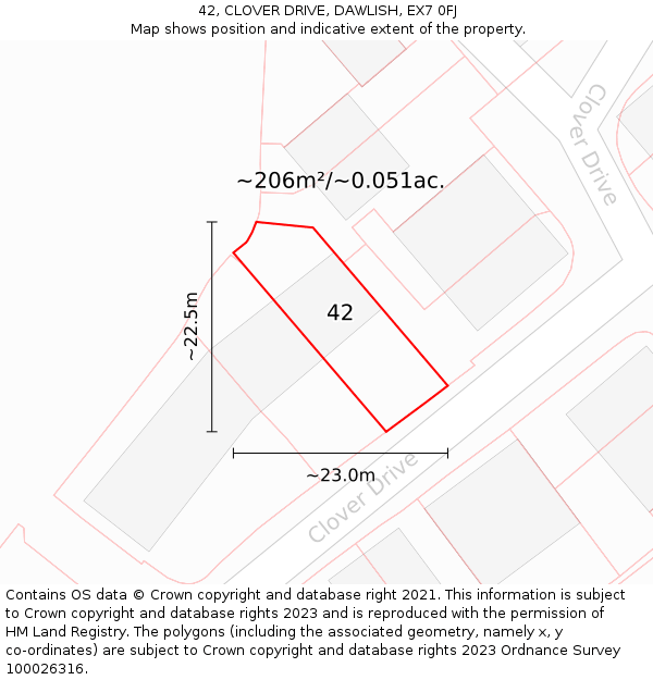 42, CLOVER DRIVE, DAWLISH, EX7 0FJ: Plot and title map