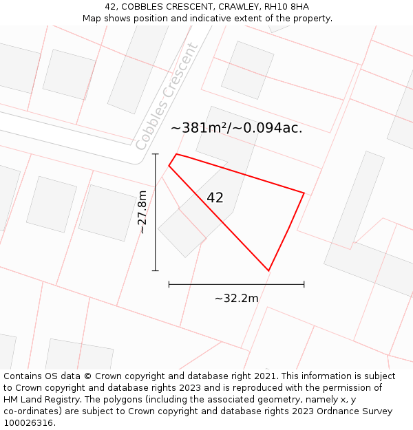 42, COBBLES CRESCENT, CRAWLEY, RH10 8HA: Plot and title map