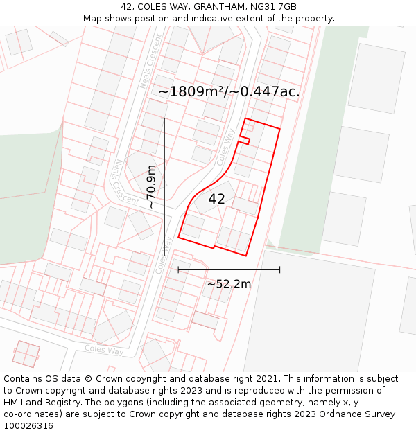 42, COLES WAY, GRANTHAM, NG31 7GB: Plot and title map