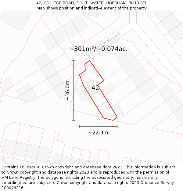 42, COLLEGE ROAD, SOUTHWATER, HORSHAM, RH13 9EL: Plot and title map