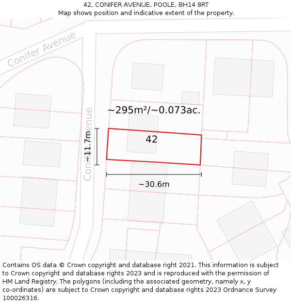 42, CONIFER AVENUE, POOLE, BH14 8RT: Plot and title map