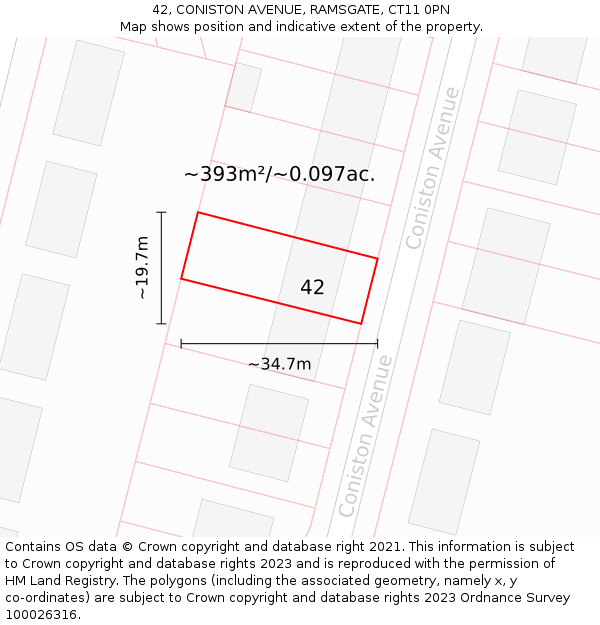 42, CONISTON AVENUE, RAMSGATE, CT11 0PN: Plot and title map