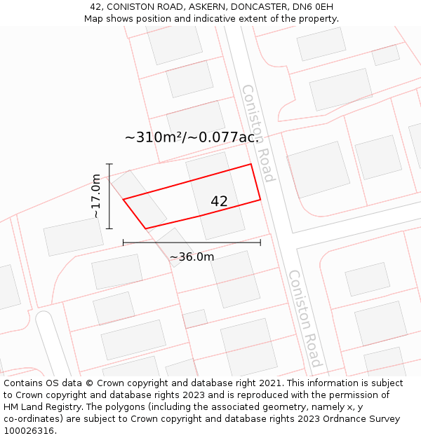 42, CONISTON ROAD, ASKERN, DONCASTER, DN6 0EH: Plot and title map