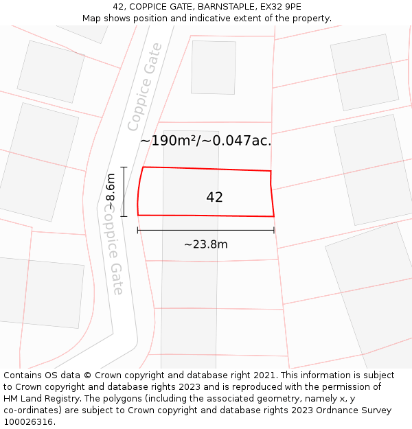 42, COPPICE GATE, BARNSTAPLE, EX32 9PE: Plot and title map