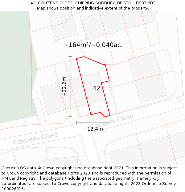 42, COUZENS CLOSE, CHIPPING SODBURY, BRISTOL, BS37 6BT: Plot and title map