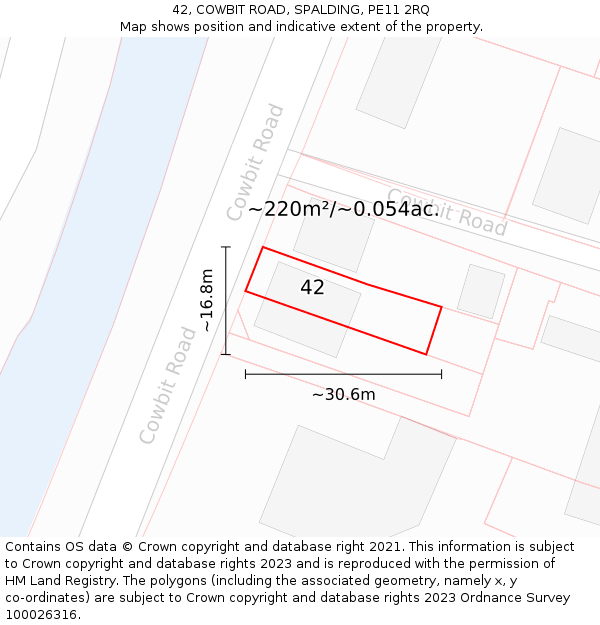 42, COWBIT ROAD, SPALDING, PE11 2RQ: Plot and title map