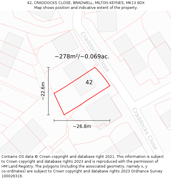 42, CRADDOCKS CLOSE, BRADWELL, MILTON KEYNES, MK13 9DX: Plot and title map