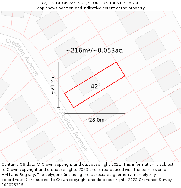 42, CREDITON AVENUE, STOKE-ON-TRENT, ST6 7NE: Plot and title map