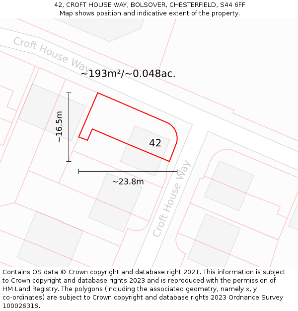 42, CROFT HOUSE WAY, BOLSOVER, CHESTERFIELD, S44 6FF: Plot and title map