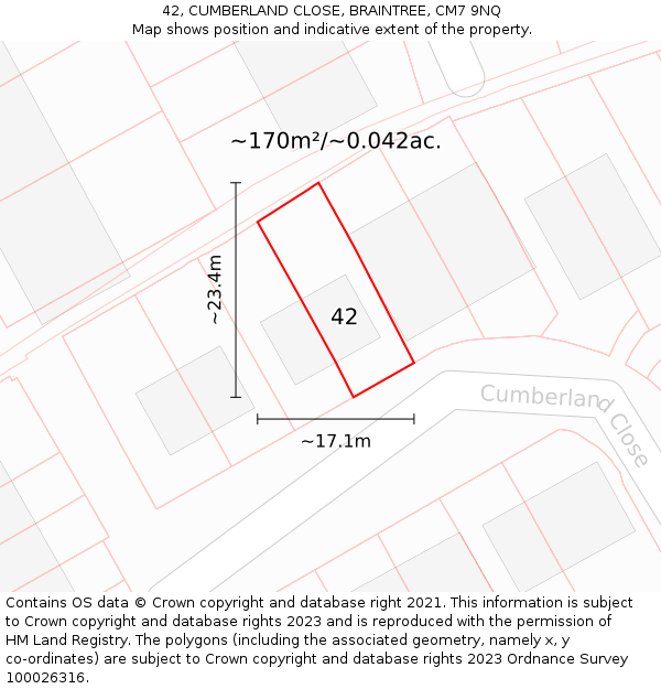 42, CUMBERLAND CLOSE, BRAINTREE, CM7 9NQ: Plot and title map