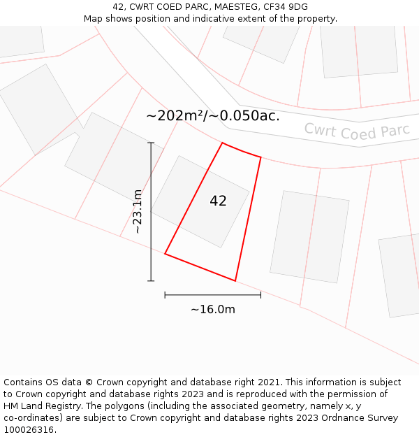 42, CWRT COED PARC, MAESTEG, CF34 9DG: Plot and title map