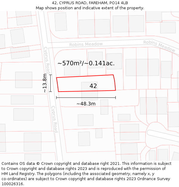 42, CYPRUS ROAD, FAREHAM, PO14 4LB: Plot and title map