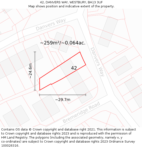 42, DANVERS WAY, WESTBURY, BA13 3UF: Plot and title map