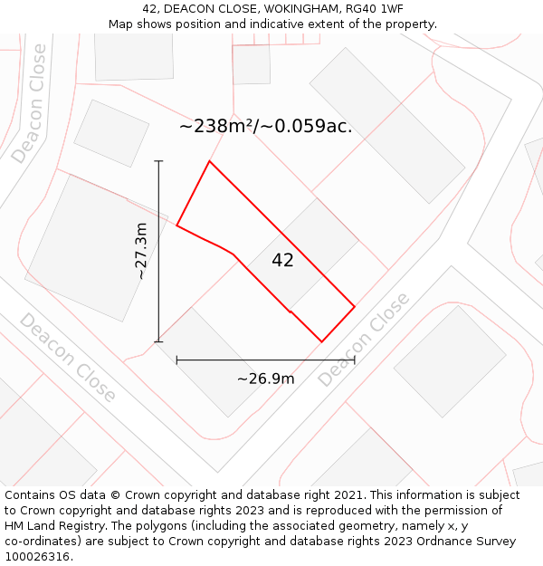 42, DEACON CLOSE, WOKINGHAM, RG40 1WF: Plot and title map