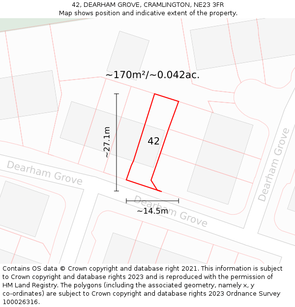 42, DEARHAM GROVE, CRAMLINGTON, NE23 3FR: Plot and title map