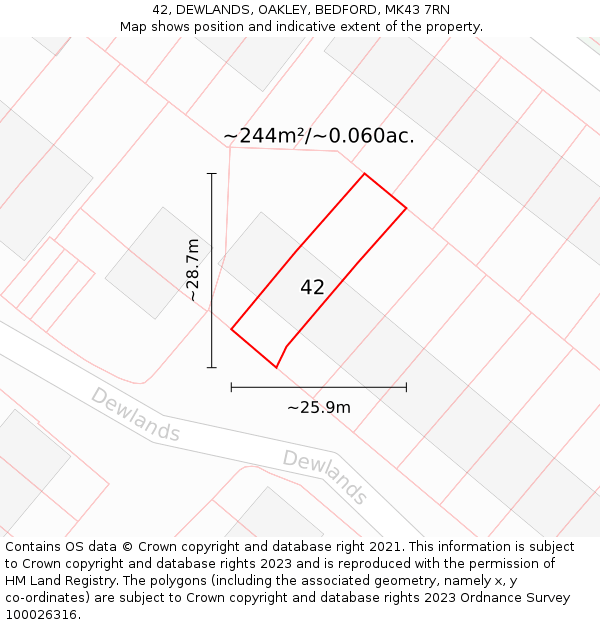 42, DEWLANDS, OAKLEY, BEDFORD, MK43 7RN: Plot and title map