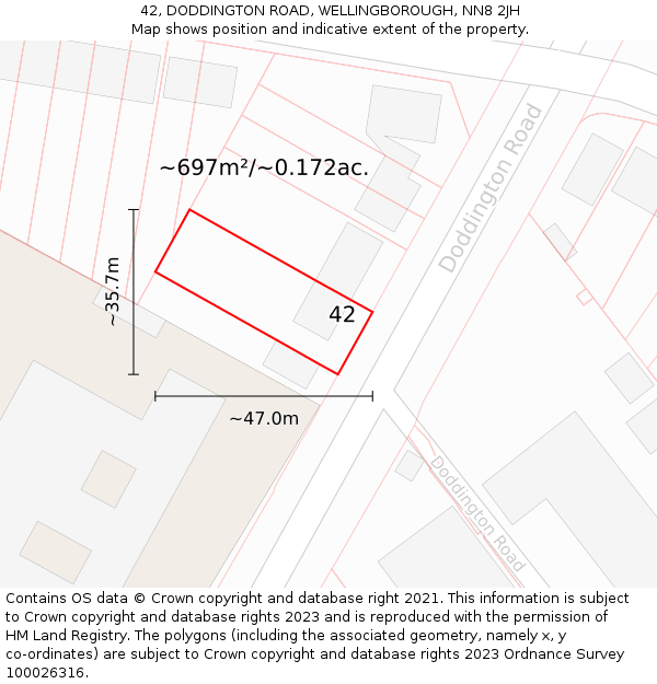 42, DODDINGTON ROAD, WELLINGBOROUGH, NN8 2JH: Plot and title map