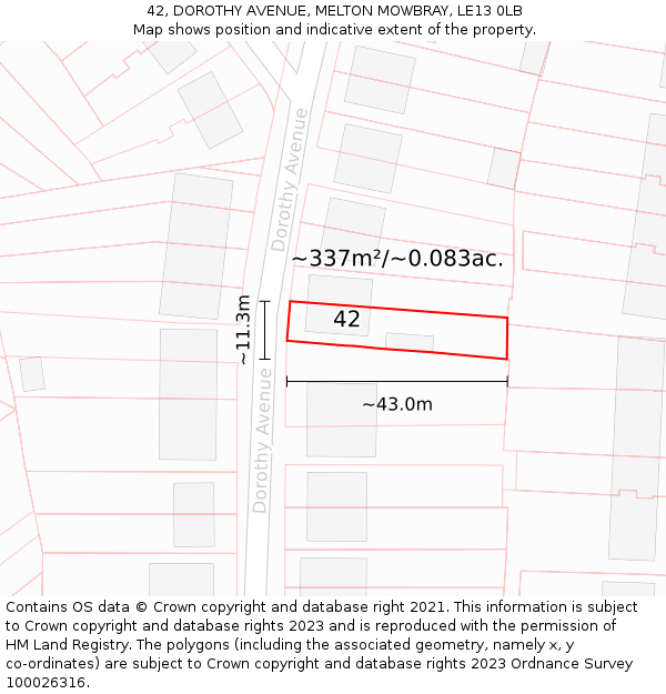42, DOROTHY AVENUE, MELTON MOWBRAY, LE13 0LB: Plot and title map