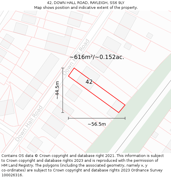 42, DOWN HALL ROAD, RAYLEIGH, SS6 9LY: Plot and title map