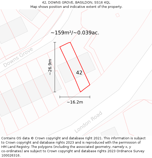 42, DOWNS GROVE, BASILDON, SS16 4QL: Plot and title map