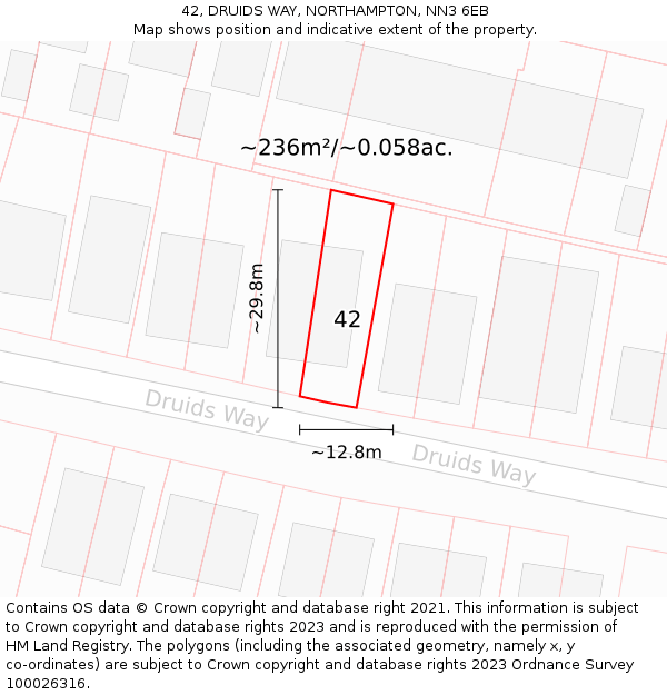 42, DRUIDS WAY, NORTHAMPTON, NN3 6EB: Plot and title map