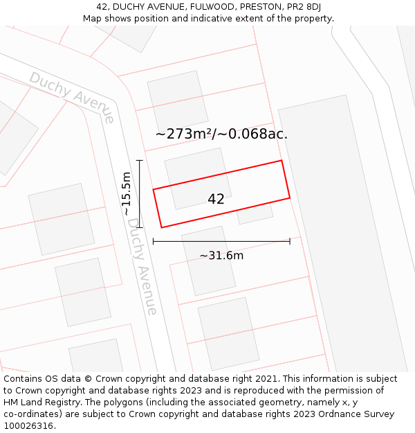 42, DUCHY AVENUE, FULWOOD, PRESTON, PR2 8DJ: Plot and title map