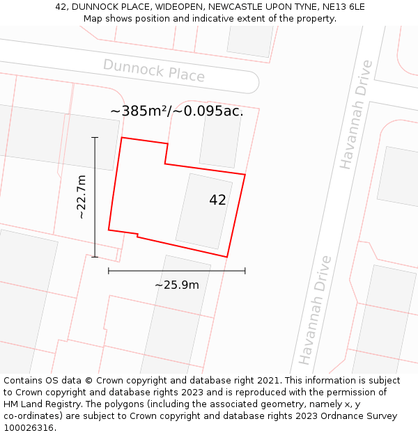 42, DUNNOCK PLACE, WIDEOPEN, NEWCASTLE UPON TYNE, NE13 6LE: Plot and title map