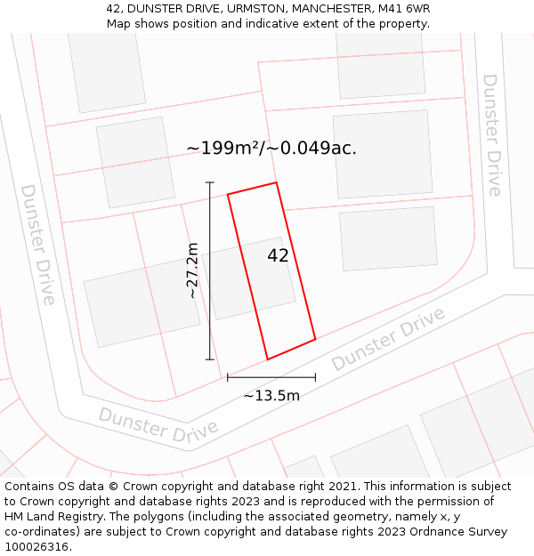 42, DUNSTER DRIVE, URMSTON, MANCHESTER, M41 6WR: Plot and title map