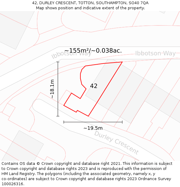 42, DURLEY CRESCENT, TOTTON, SOUTHAMPTON, SO40 7QA: Plot and title map