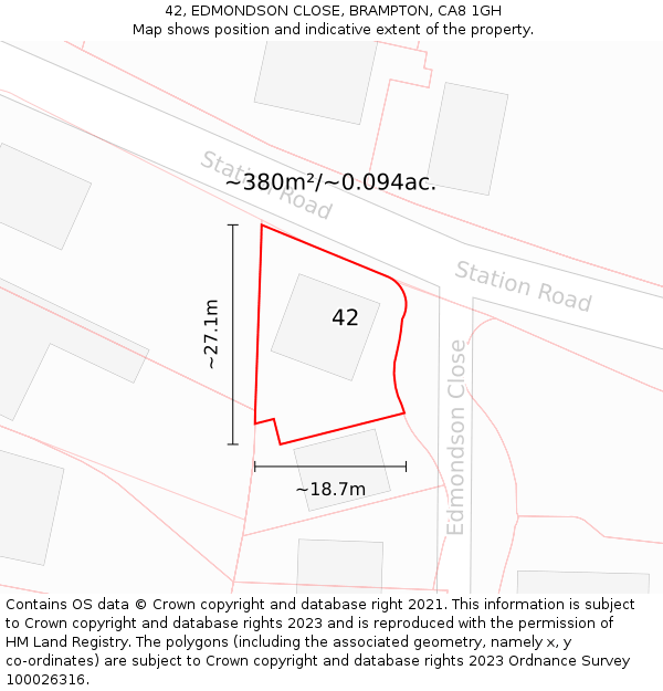 42, EDMONDSON CLOSE, BRAMPTON, CA8 1GH: Plot and title map