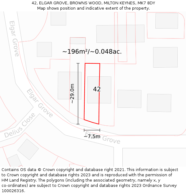 42, ELGAR GROVE, BROWNS WOOD, MILTON KEYNES, MK7 8DY: Plot and title map