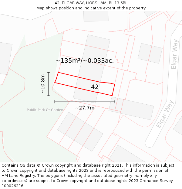 42, ELGAR WAY, HORSHAM, RH13 6RH: Plot and title map