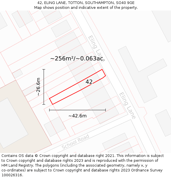 42, ELING LANE, TOTTON, SOUTHAMPTON, SO40 9GE: Plot and title map