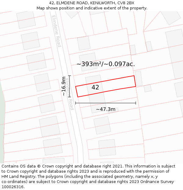 42, ELMDENE ROAD, KENILWORTH, CV8 2BX: Plot and title map