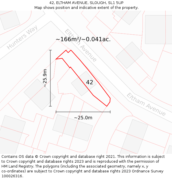 42, ELTHAM AVENUE, SLOUGH, SL1 5UP: Plot and title map