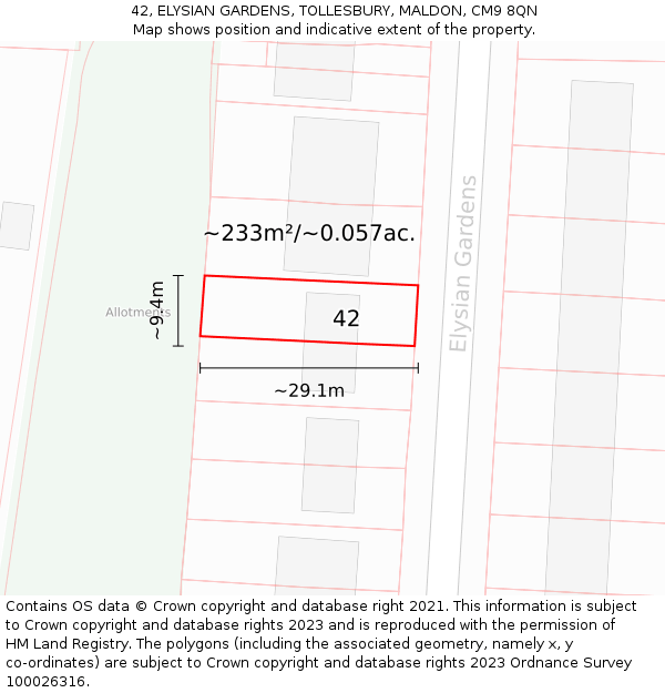 42, ELYSIAN GARDENS, TOLLESBURY, MALDON, CM9 8QN: Plot and title map