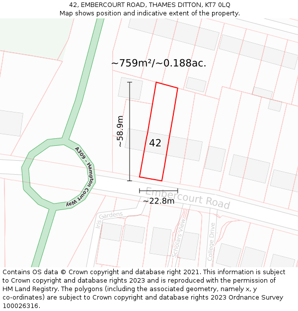 42, EMBERCOURT ROAD, THAMES DITTON, KT7 0LQ: Plot and title map