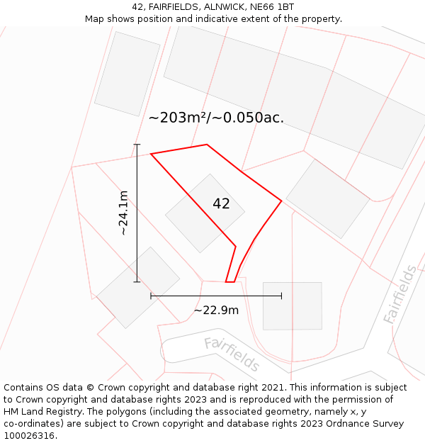 42, FAIRFIELDS, ALNWICK, NE66 1BT: Plot and title map