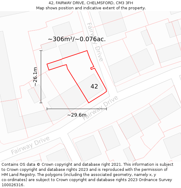 42, FAIRWAY DRIVE, CHELMSFORD, CM3 3FH: Plot and title map