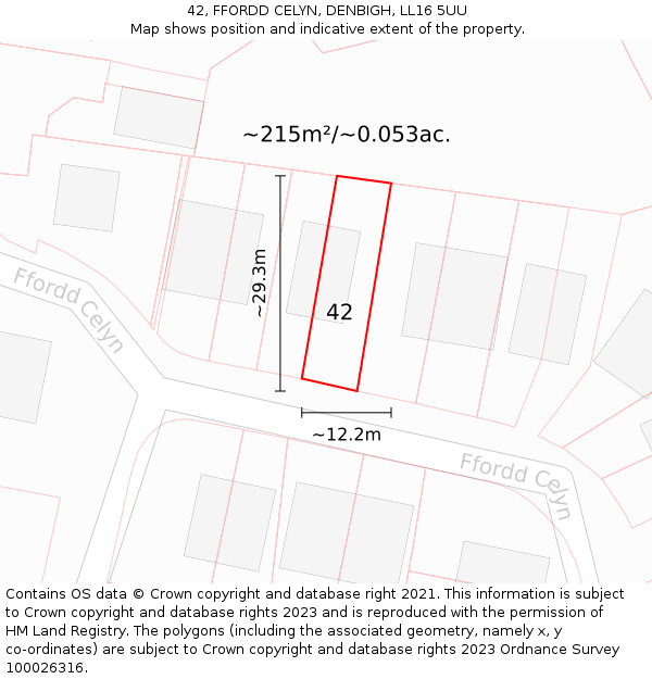 42, FFORDD CELYN, DENBIGH, LL16 5UU: Plot and title map