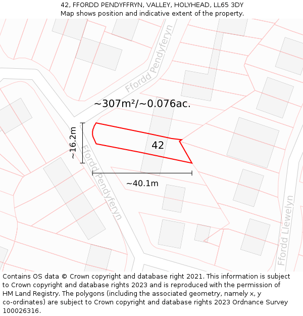 42, FFORDD PENDYFFRYN, VALLEY, HOLYHEAD, LL65 3DY: Plot and title map