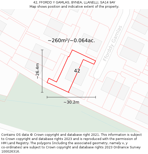 42, FFORDD Y GAMLAS, BYNEA, LLANELLI, SA14 9AY: Plot and title map