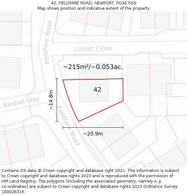 42, FIELDFARE ROAD, NEWPORT, PO30 5GS: Plot and title map