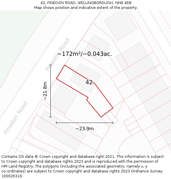 42, FINEDON ROAD, WELLINGBOROUGH, NN8 4EB: Plot and title map