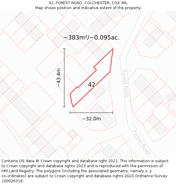 42, FOREST ROAD, COLCHESTER, CO4 3RL: Plot and title map